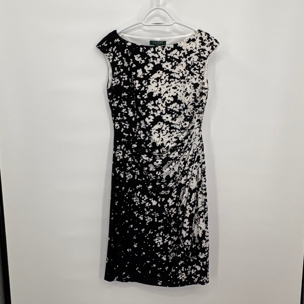 Lauren Ralph Lauren Black White Floral Ruched Sheath Dress Size 6 Bateau Neck